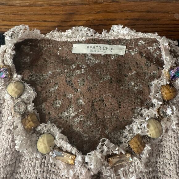 Beatrice Made in Italy Cardigan Women 8 Tweed Lace Bling Neck Coquette Ballet - Picture 8 of 8